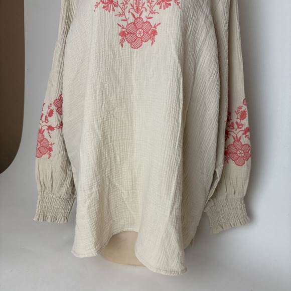 Belle Beach by Kim Gravel 2X Cotton Gauze Embroidered Peasant Top A691520 sand - Picture 4 of 14